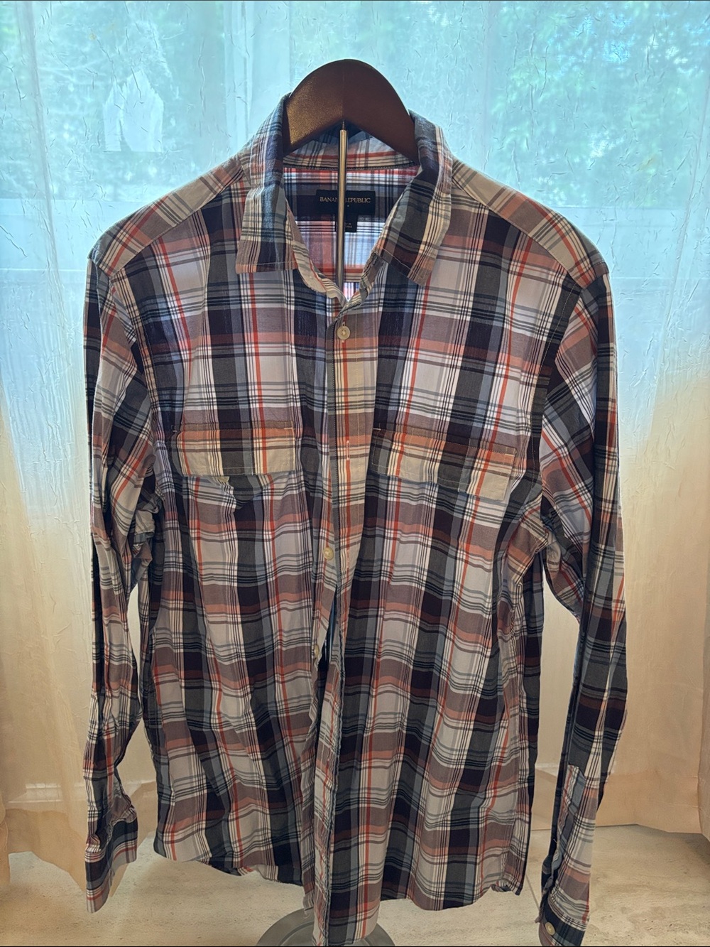 Banana Republic Men's Plaid Button-Down Shirt - Blue, Brown & White